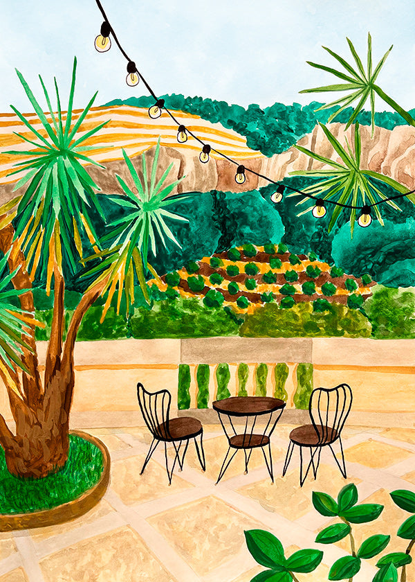 Botanical print: sunlit terrace scene