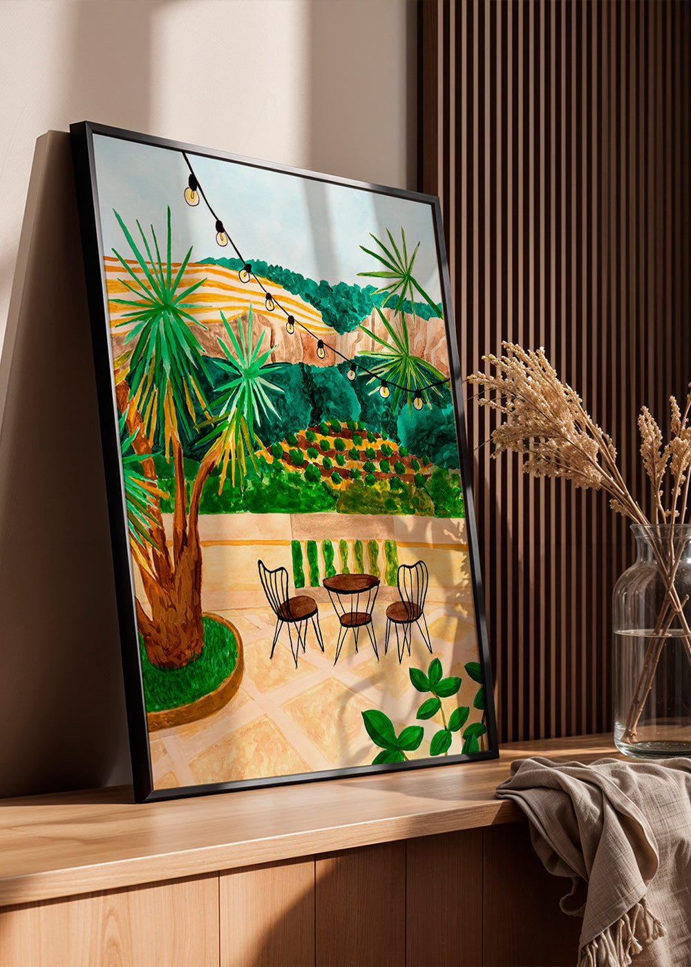 Botanical print: sunlit terrace scene