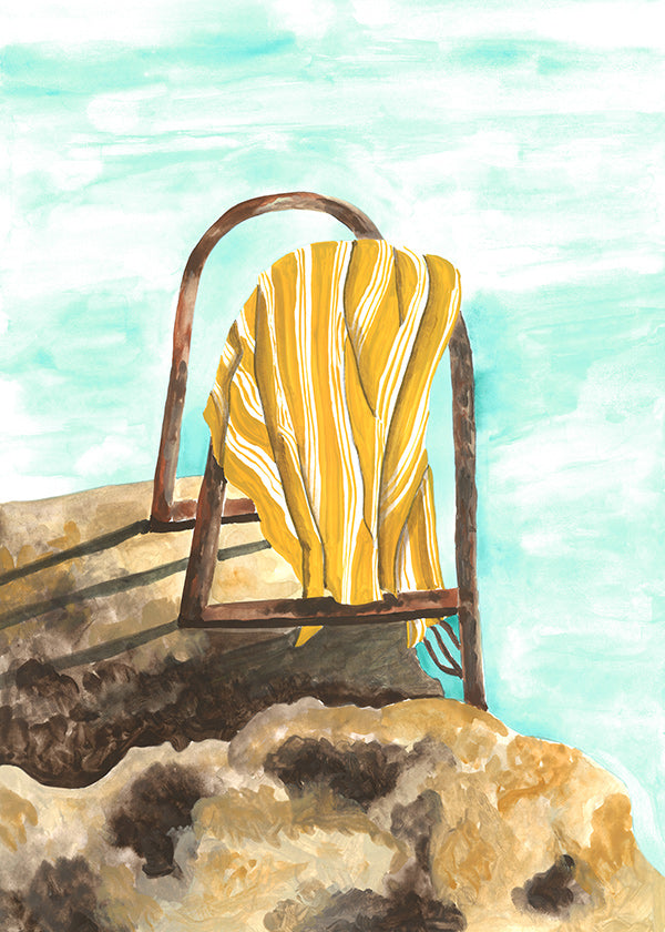 Cuadro de paisaje con escalera y toalla