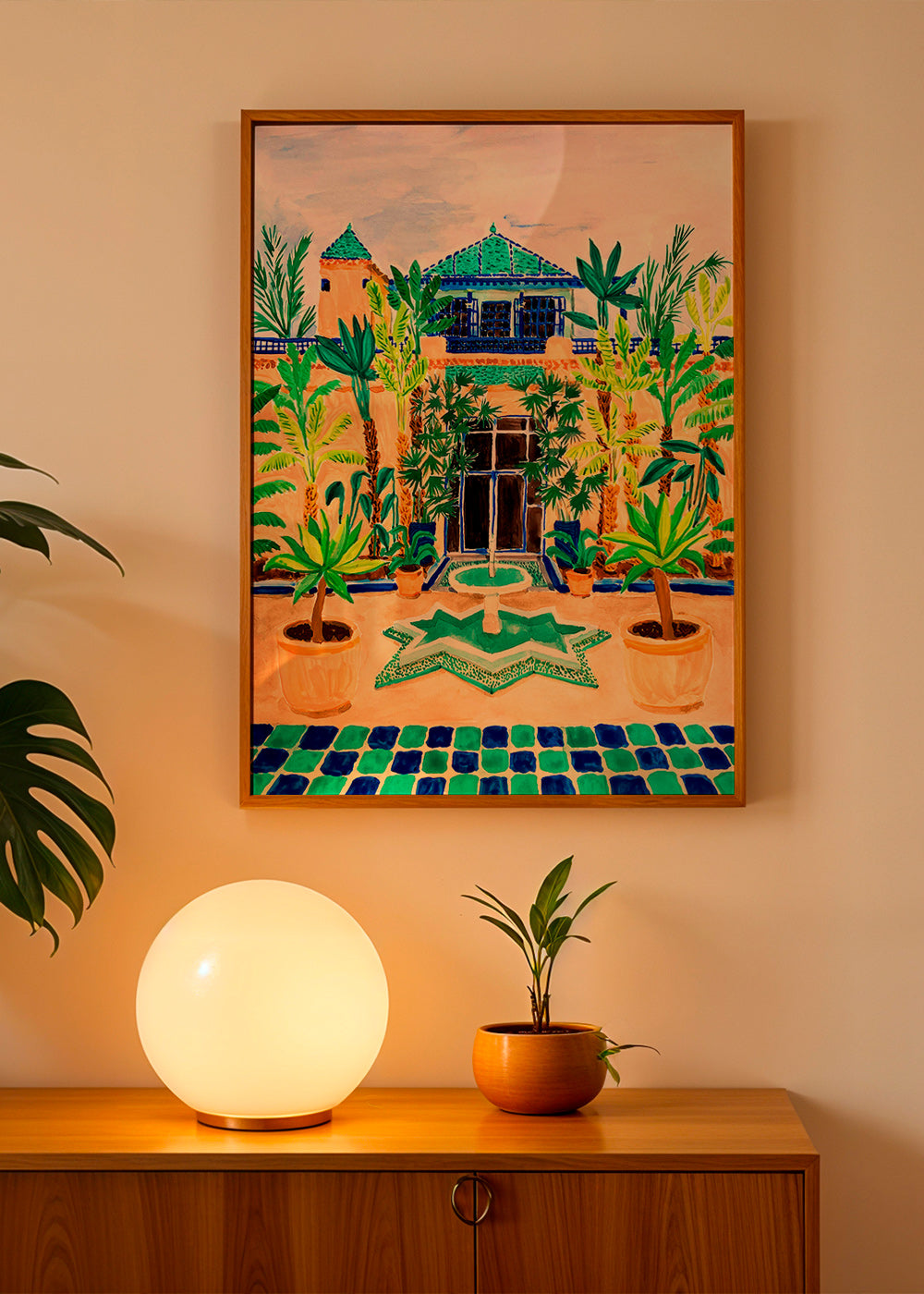 Botanical print Courtyard fountain and tiles