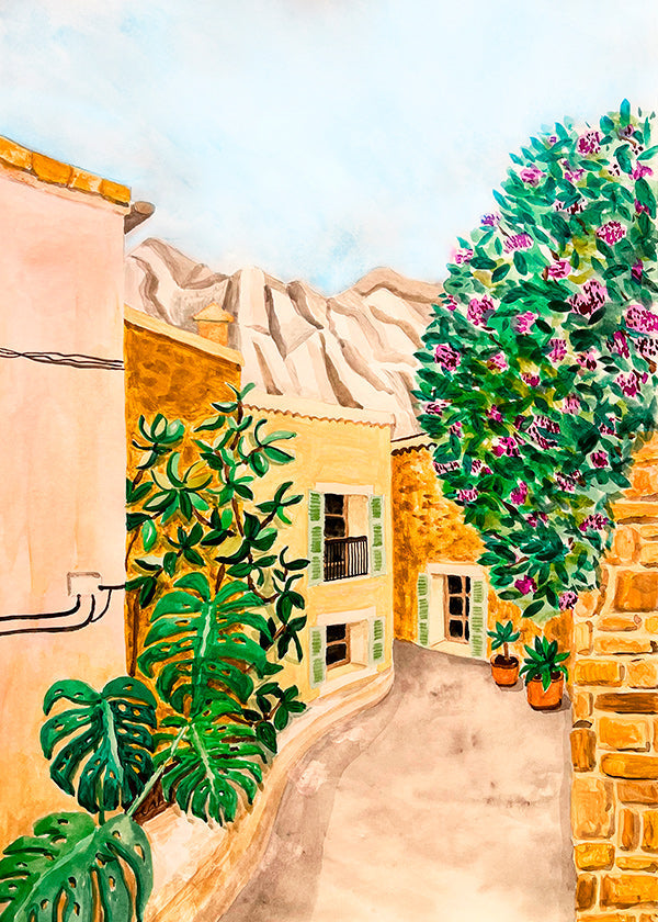 Cuadro de paisaje con calle mediterránea