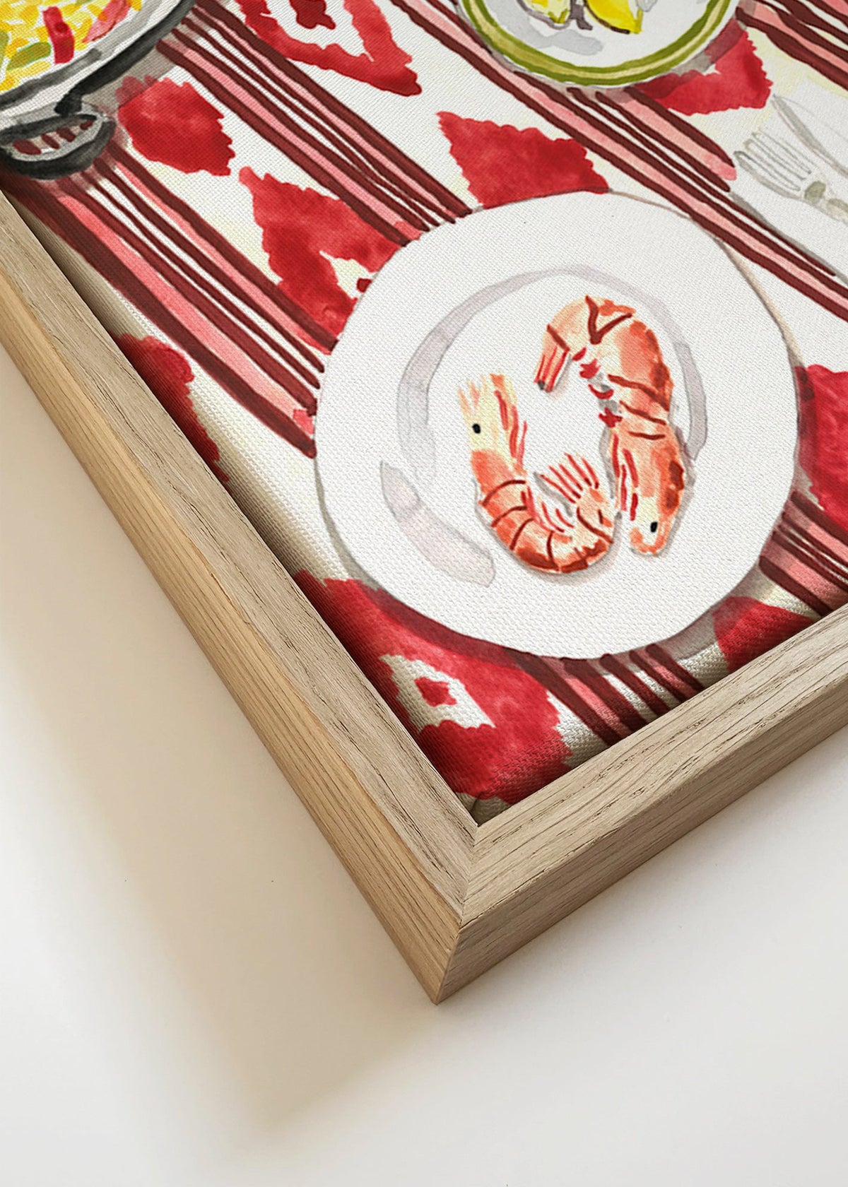 Cuadro de cocina: paella y gambas sobre mantel rojo – Canvas detail