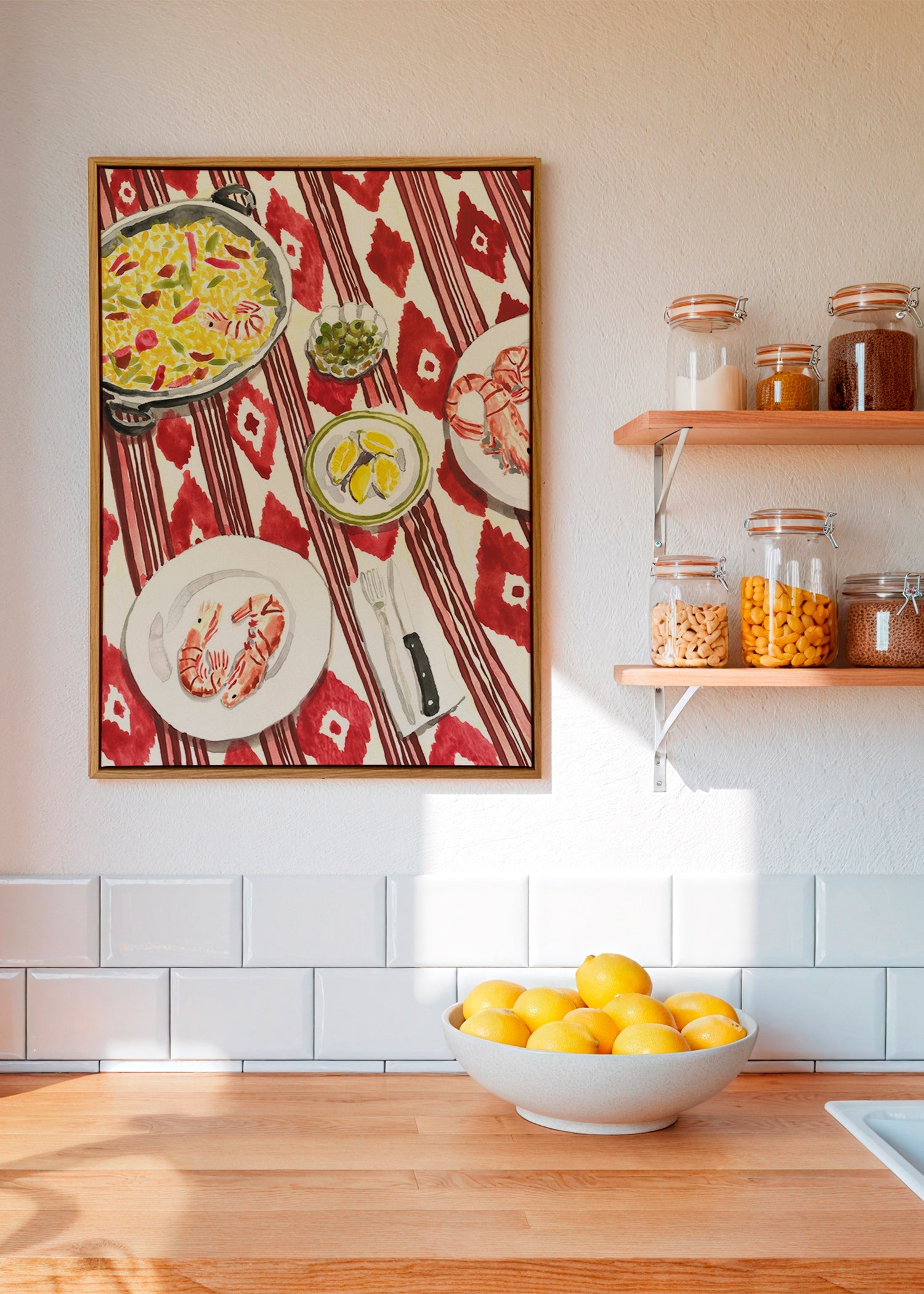 Kitchen art: paella and prawns on a patterned tablecloth