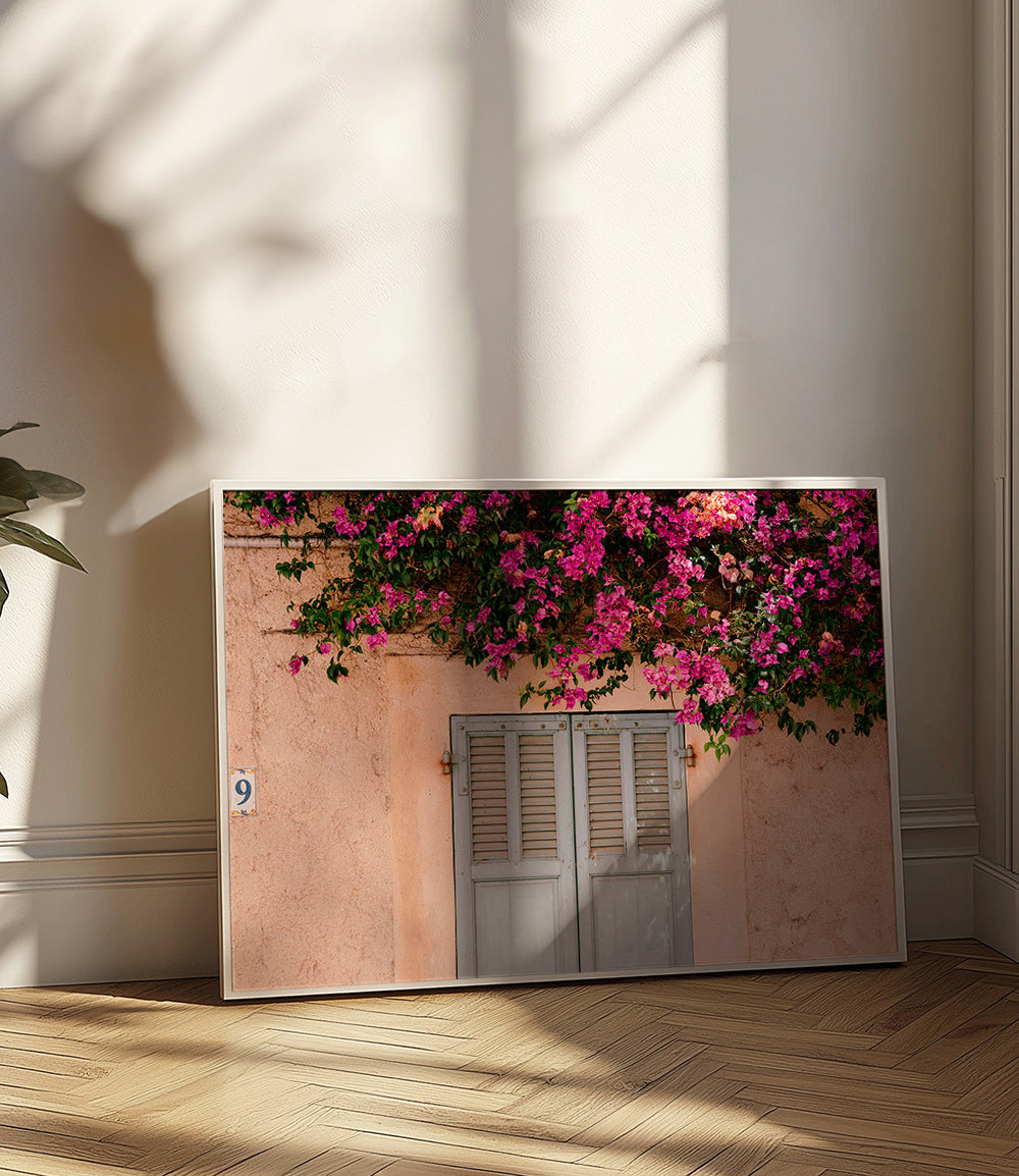 Lámina botánica con buganvillas sobre puerta antigua – Product2