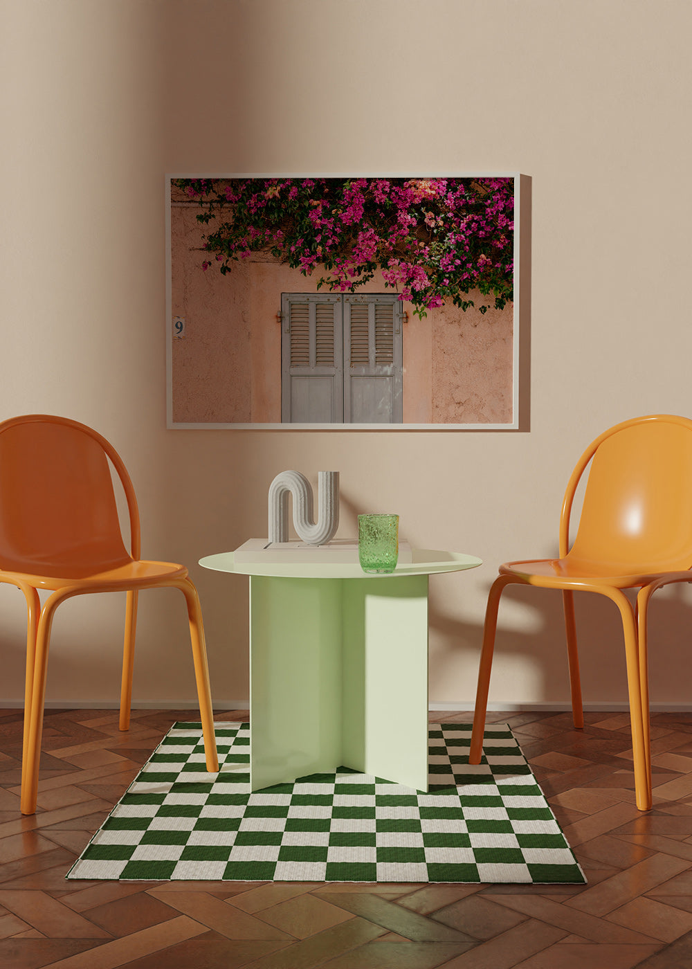 Lámina botánica con buganvillas sobre puerta antigua – Product3