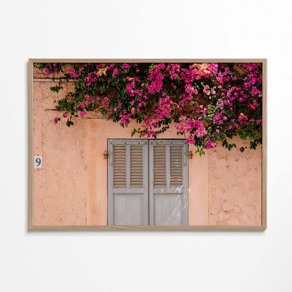 Lámina botánica con buganvillas sobre puerta antigua – Oak Frame