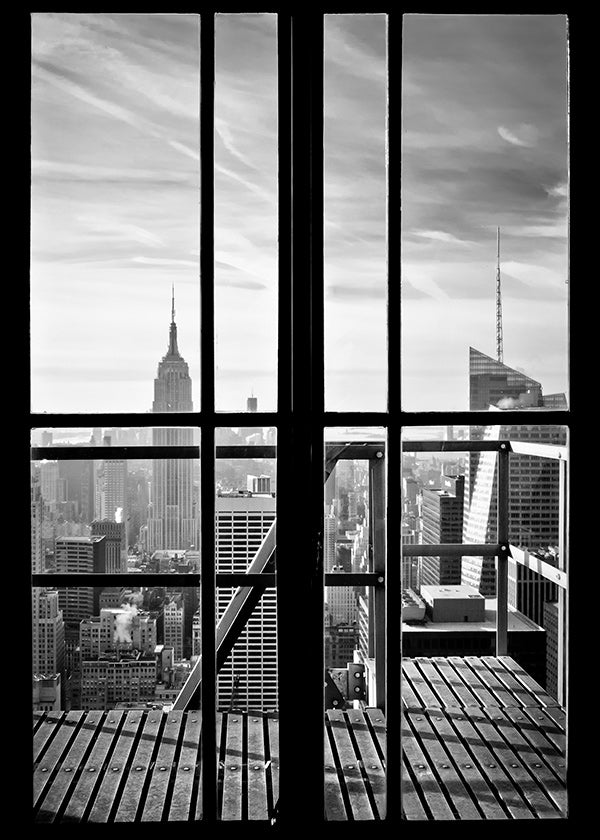 Cuadro de ciudades con vista desde ventana
