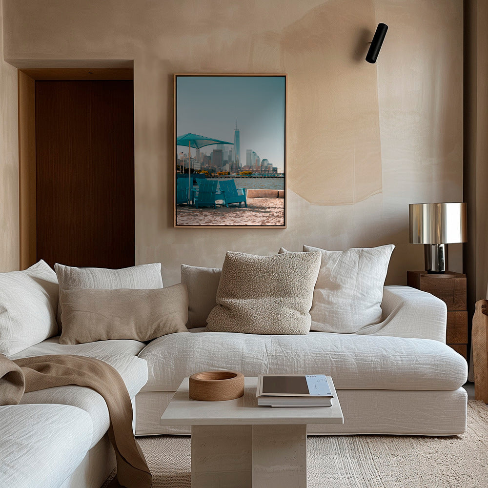 Cuadro de ciudades con sillones turquesa en la playa – Canvas2