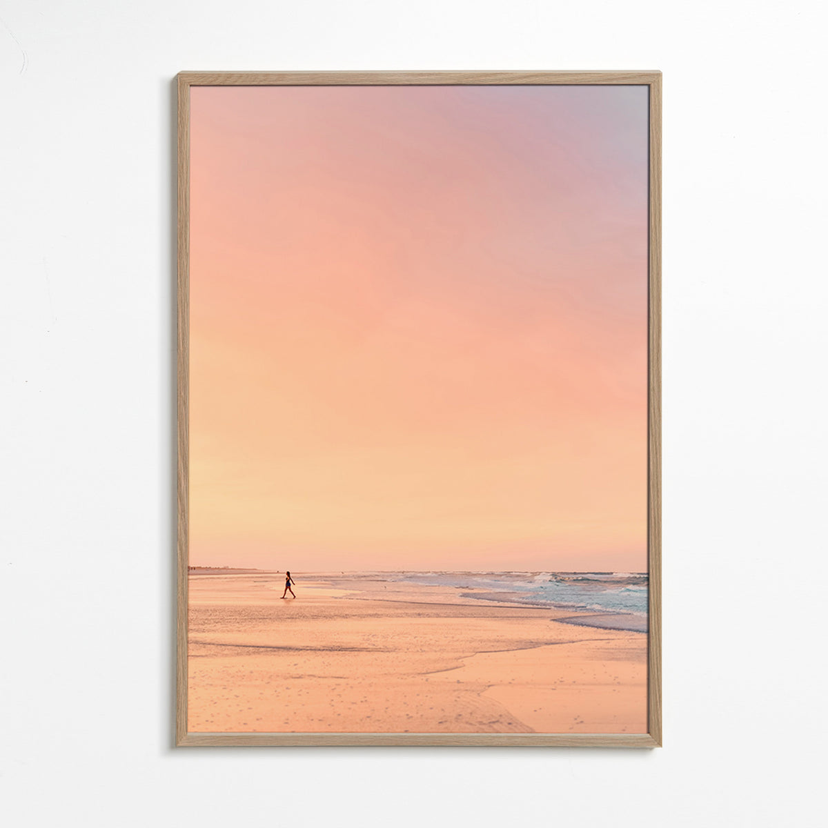 Landscape art: pastel beach at sunrise – Oak Frame