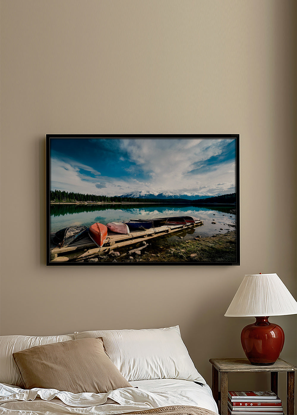 Cuadro de paisaje con canoas en muelle – Canvas2