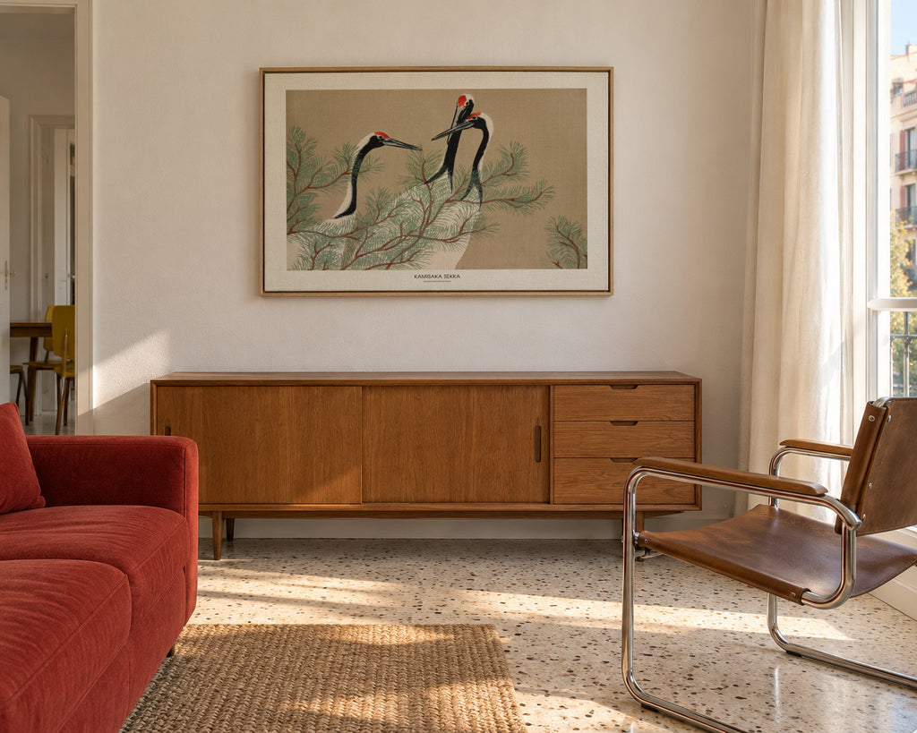 Cranes From Momoyogusa - Framed canvas in an interior
