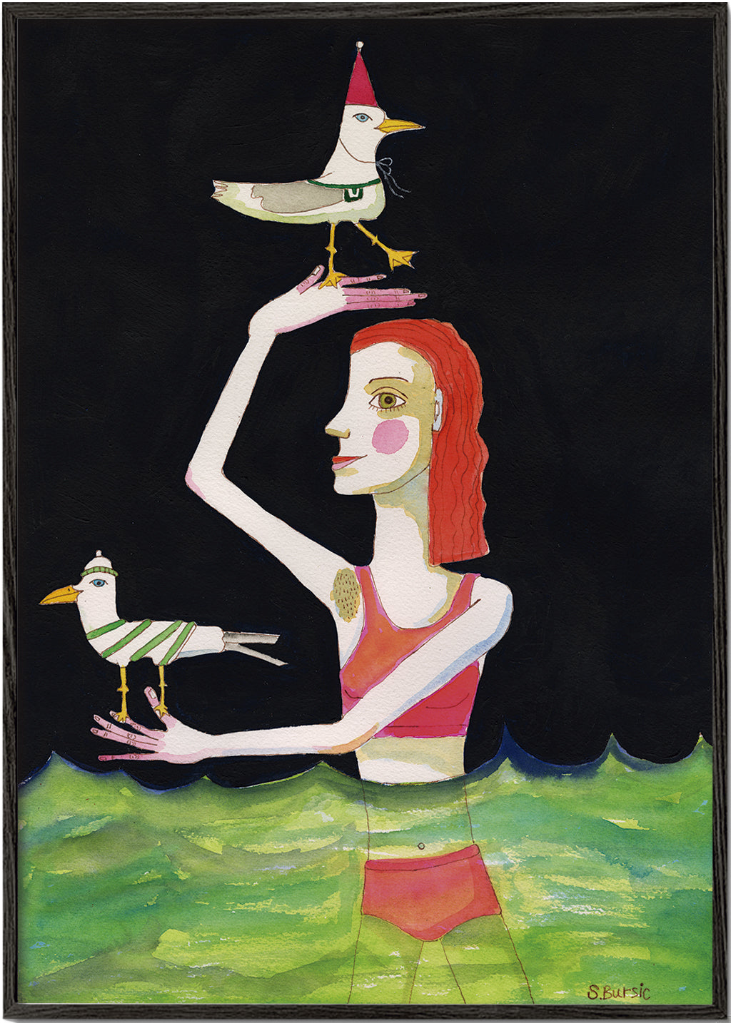 Swimming Lady with birds - Sharyn Bursic