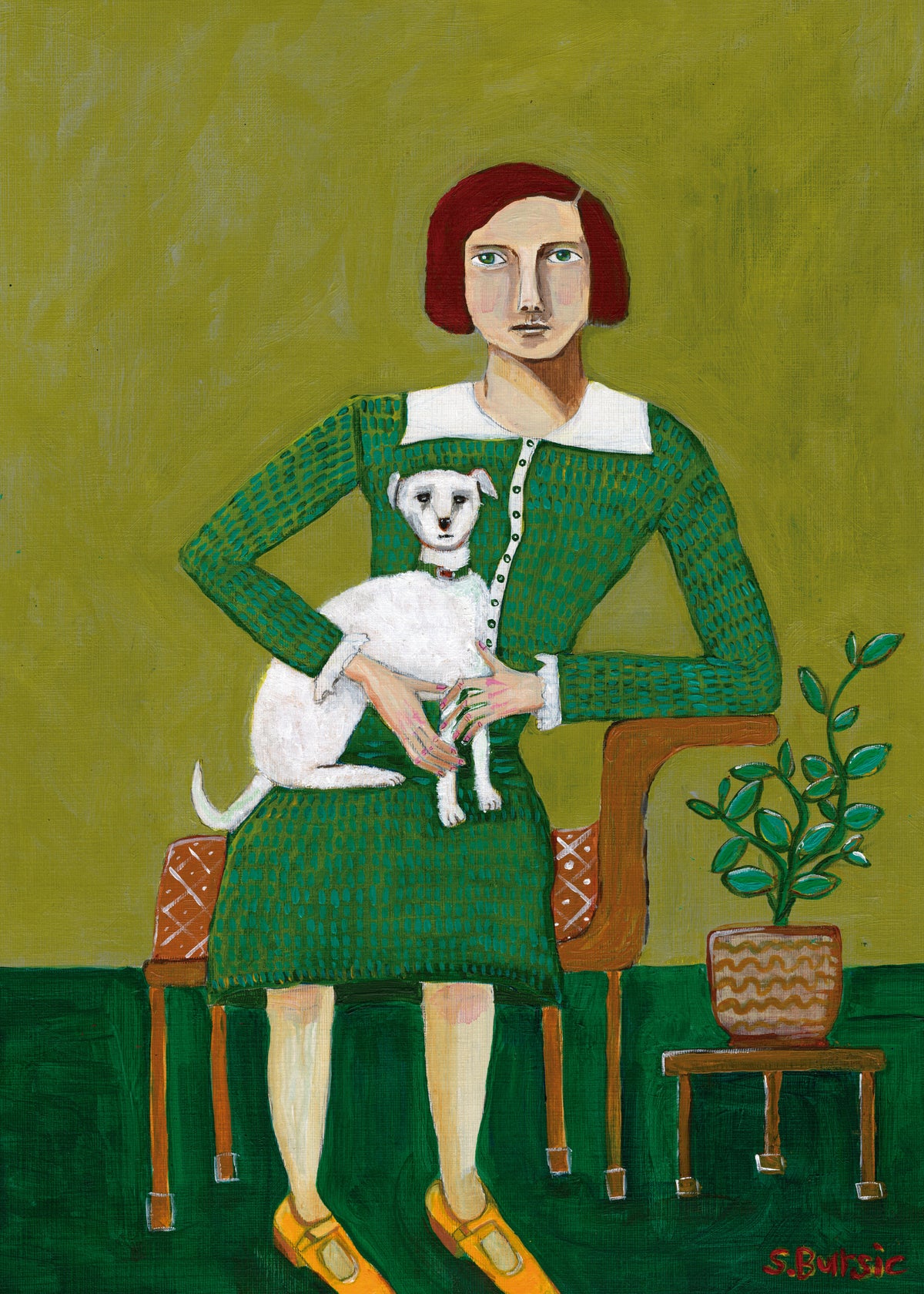 Vintage Lady with her white dog - Unframed art print