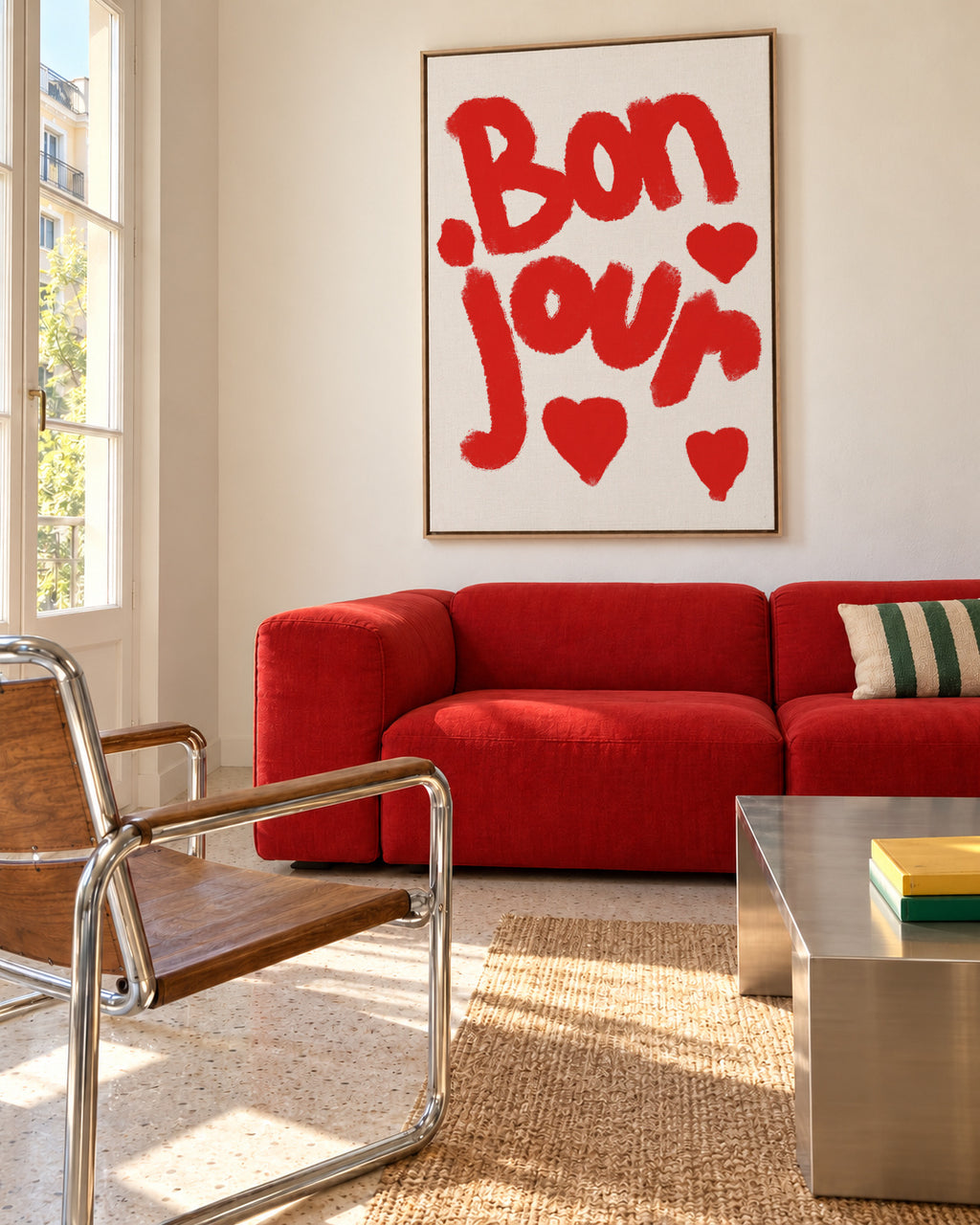Bonjour Hearts - Framed canvas in an interior