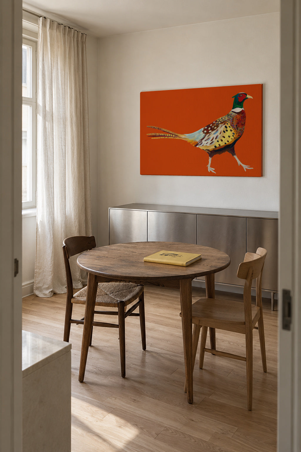 Strutting Pheasant On Orange - Unframed canvas in an interior