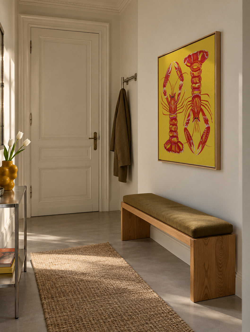 Langoustines On Yellow - Framed canvas in an interior