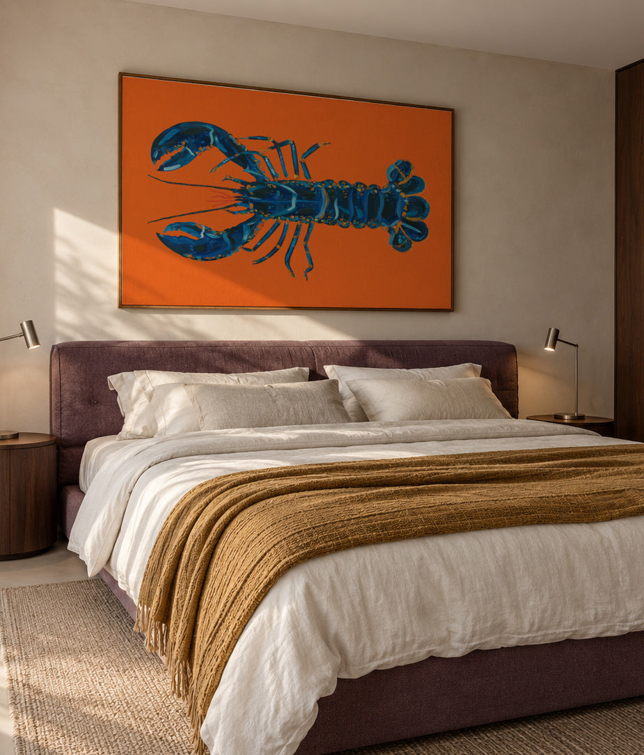 Lobster On Orange - Framed canvas in an interior