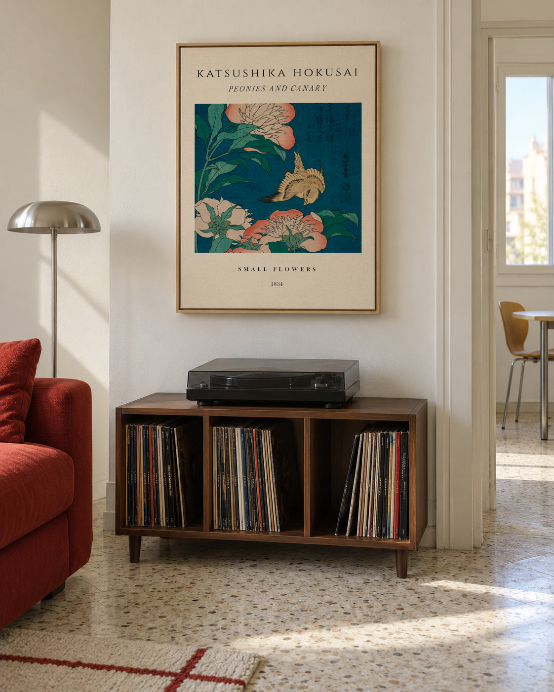 Peonies and Canary Exhibition - Katsushika Hokusai - Framed canvas in an interior