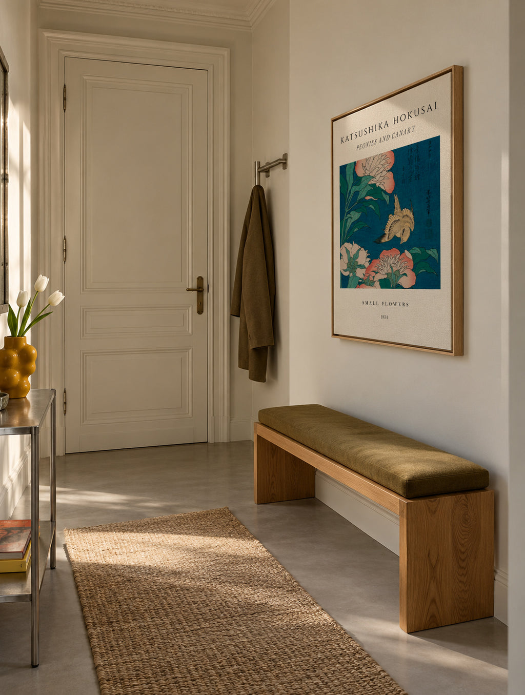 Peonies and Canary Exhibition - Katsushika Hokusai - Framed canvas in an interior