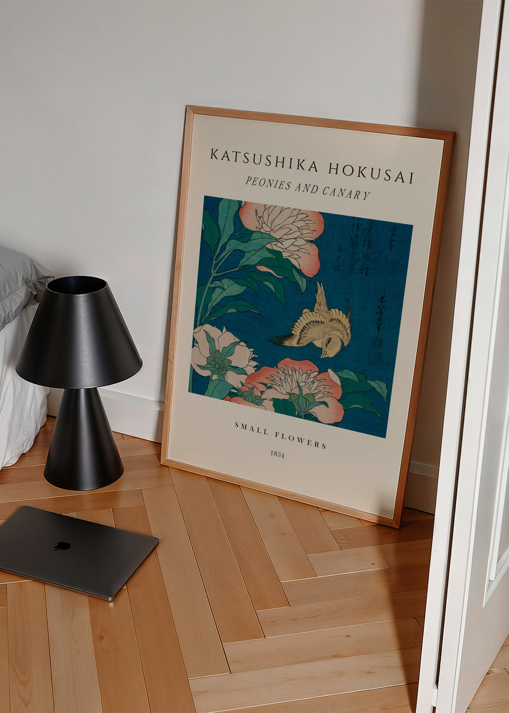 Peonies and Canary Exhibition - Katsushika Hokusai - Framed poster in an interior