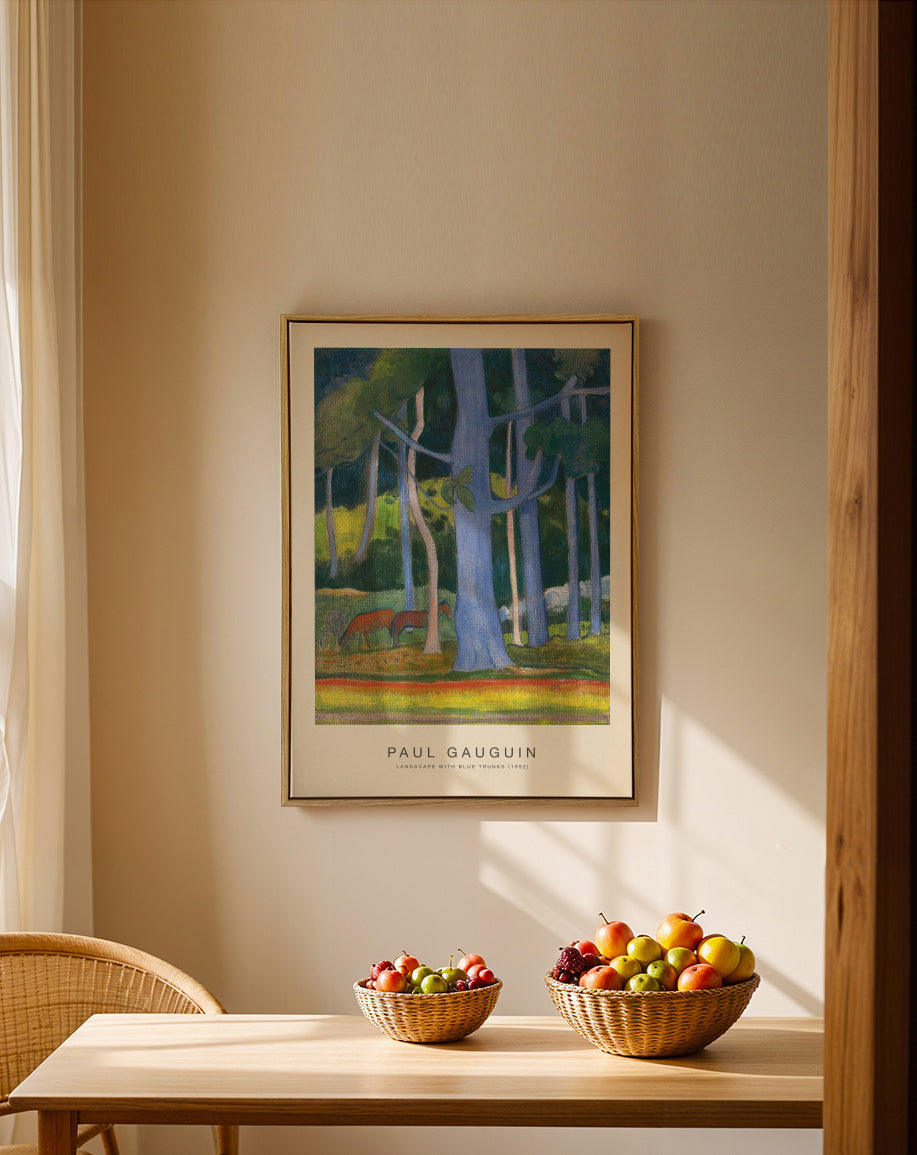 Landscape with Blue Trunks (Special Edition) - Paul Gauguin - Framed canvas in an interior
