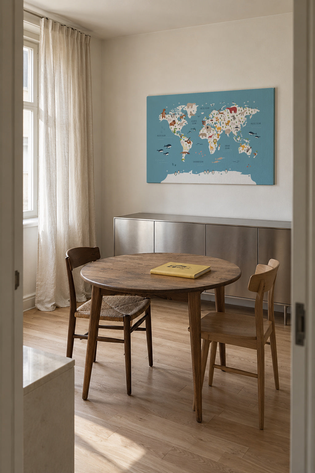 World Map with animals blue - Unframed canvas in an interior