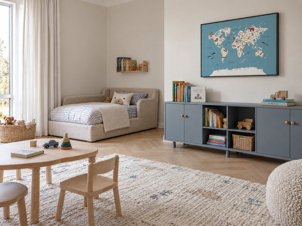 World Map with animals blue - Framed canvas in an interior