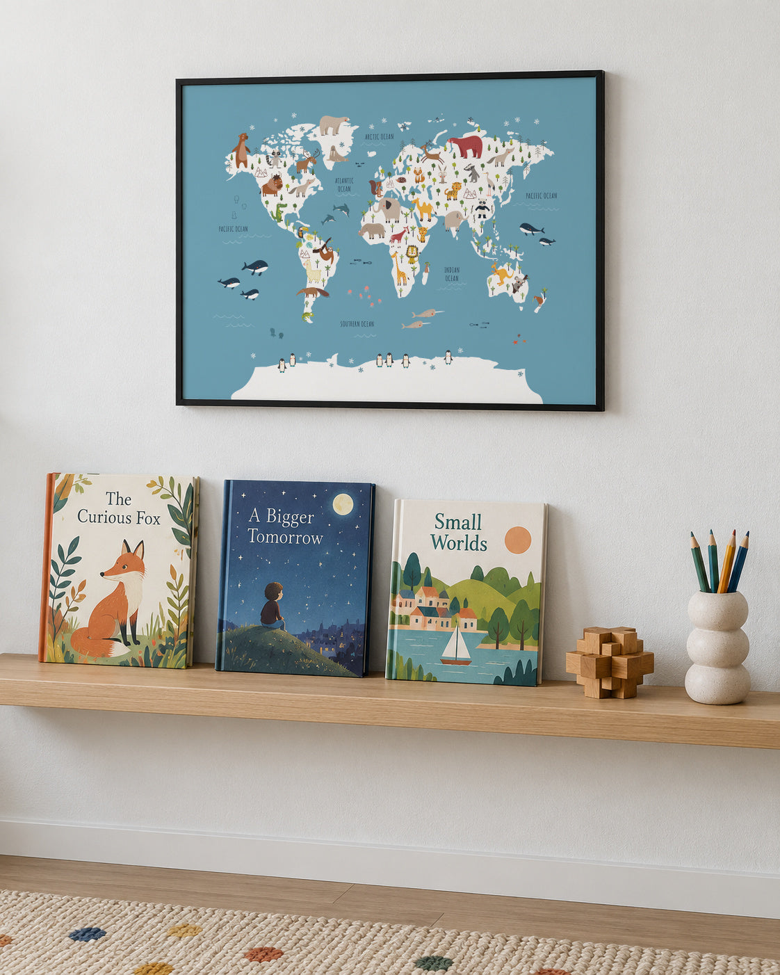 World Map with animals blue - Framed poster in an interior