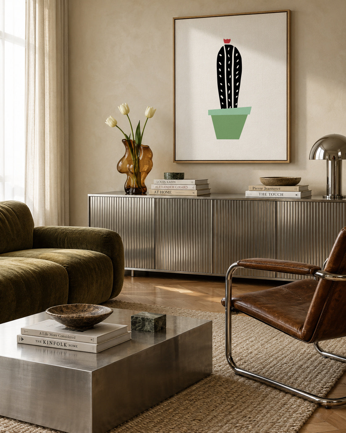 Green pot cactus print - Framed canvas in an interior