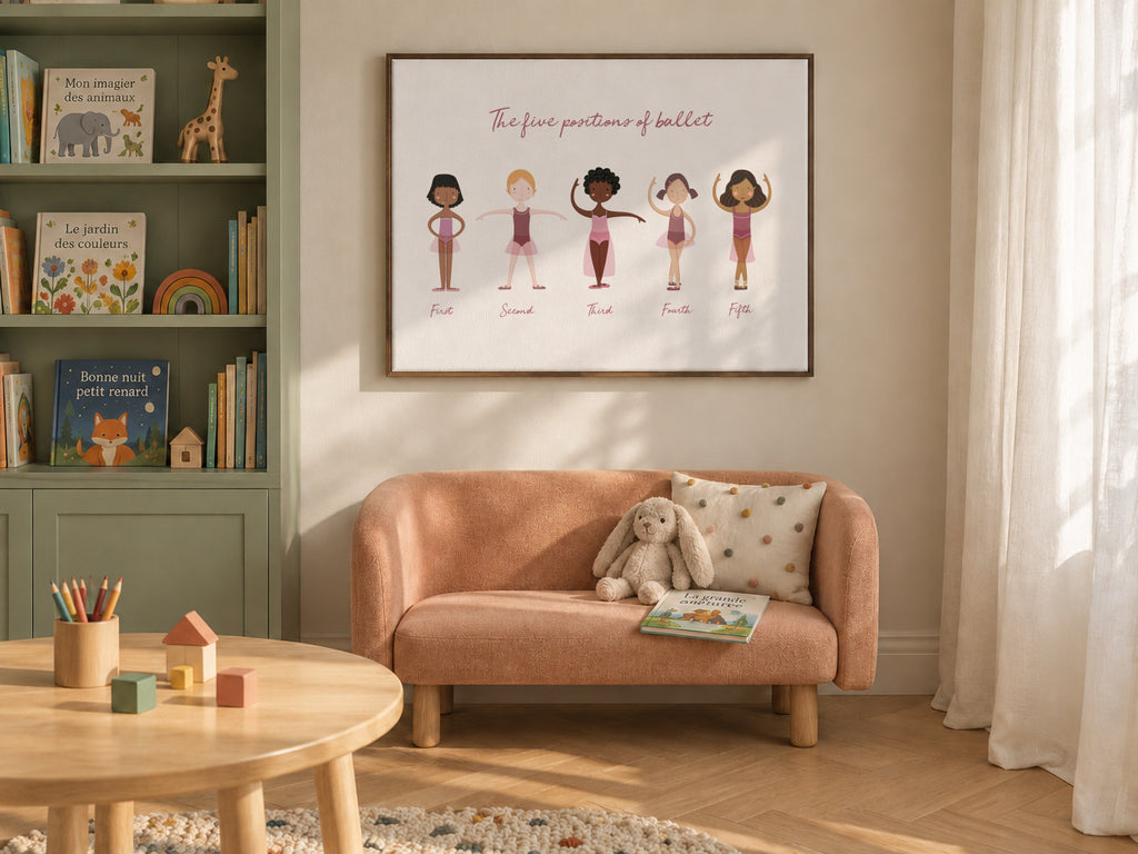 Las 5 posiciones de ballet (lila) - Framed canvas in an interior