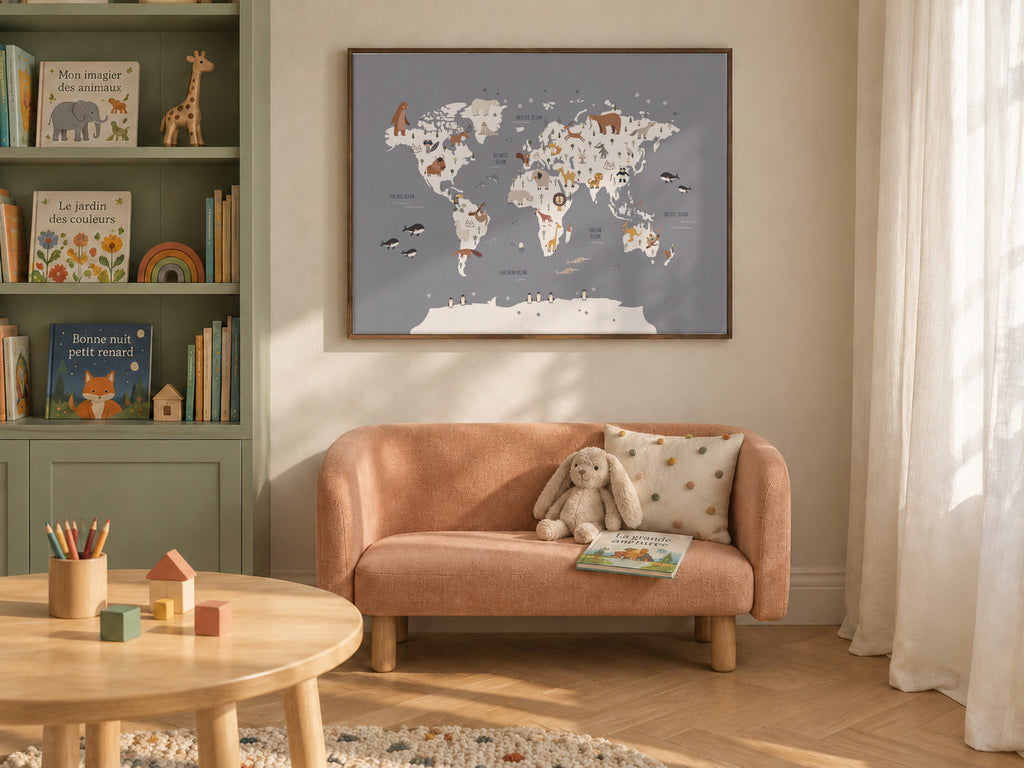 Mapa con animales azul cobalto - Framed canvas in an interior