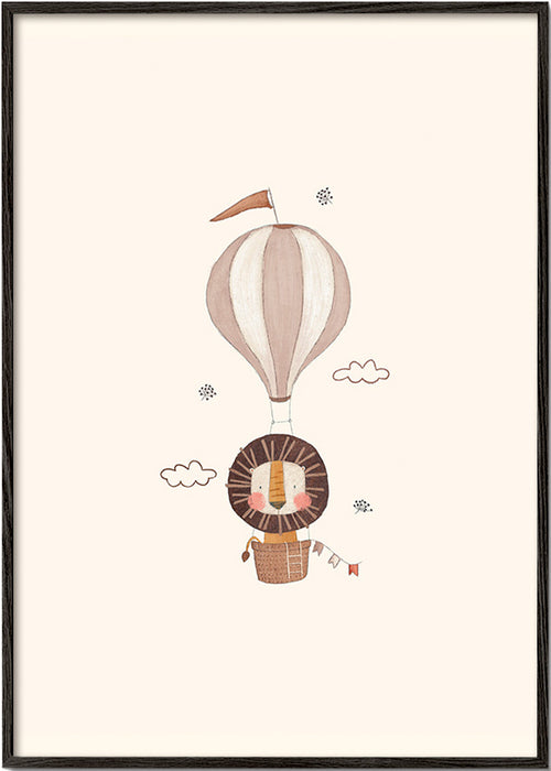 Lámina infantil: león en globo beige – Black Frame