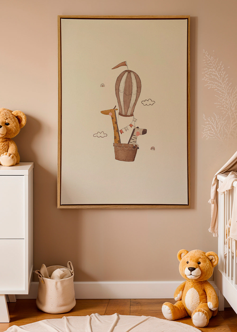 Lámina infantil: jirafa y elefante en globo – Canvas2