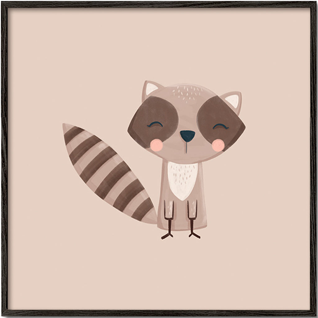 Kids print: smiling raccoon on beige backdrop