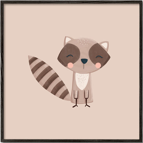 Lámina infantil: mapache sonriente sobre fondo beige – Black Frame