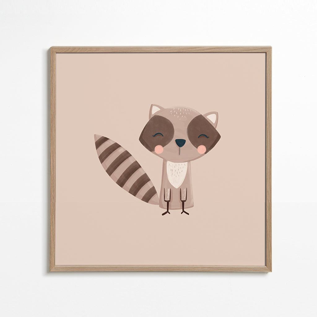 Kids print: smiling raccoon on beige backdrop