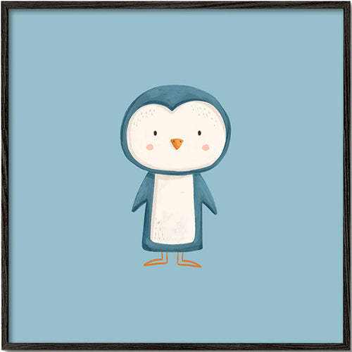 Cuadro pingüino ilustrado sobre fondo azul – Black Frame