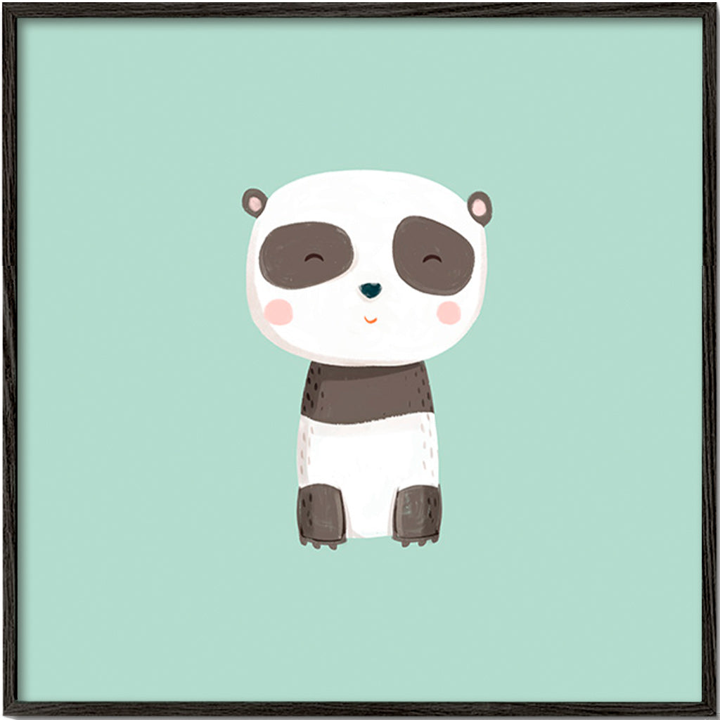 Lámina infantil de panda sonriente sobre fondo mint – Black Frame