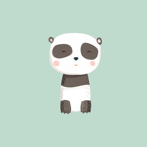Lámina infantil de panda sonriente sobre fondo mint
