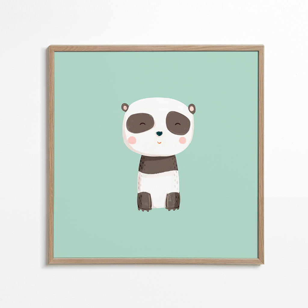 Lámina infantil de panda sonriente sobre fondo mint – Oak Frame