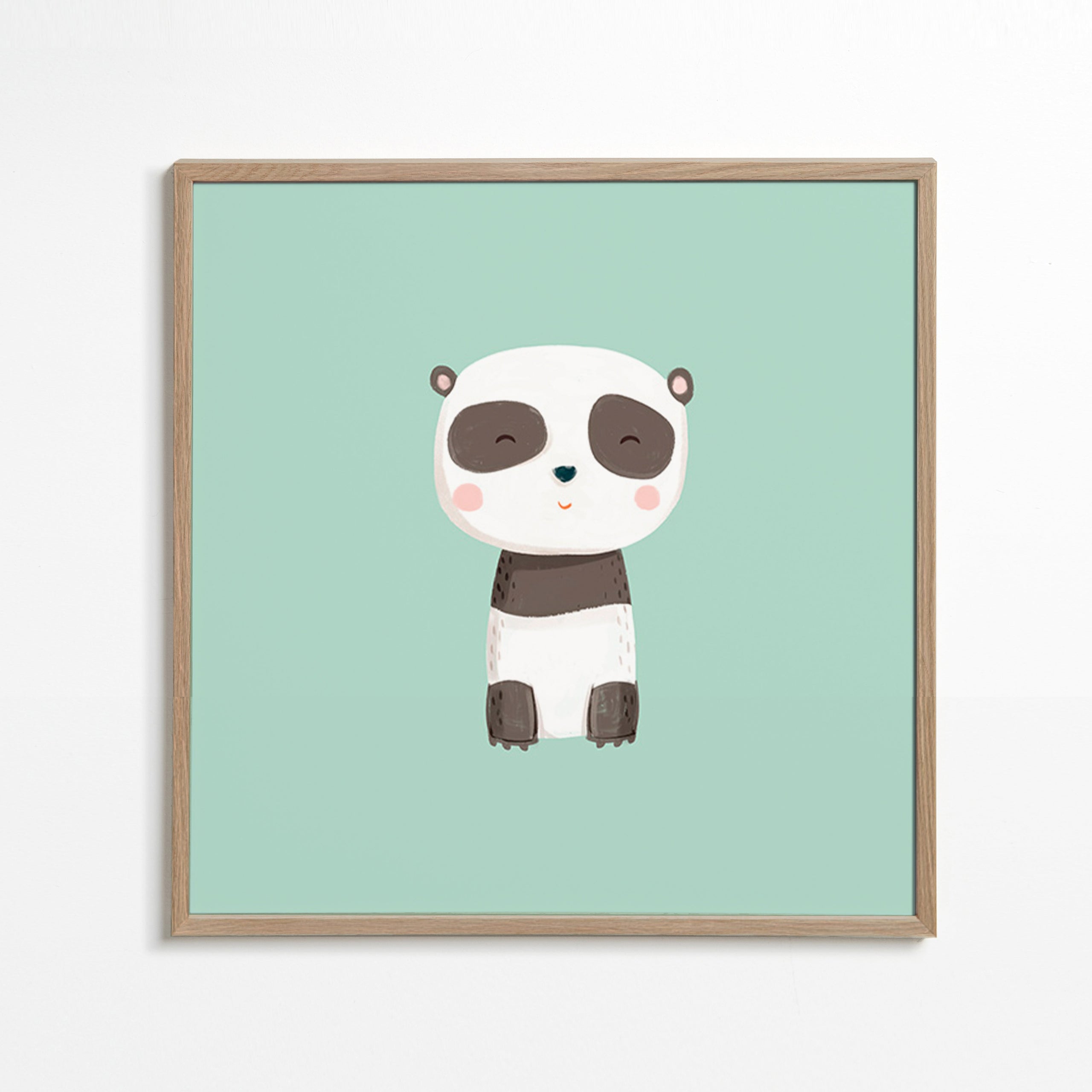 Lámina infantil de panda sonriente sobre fondo mint – Oak Frame