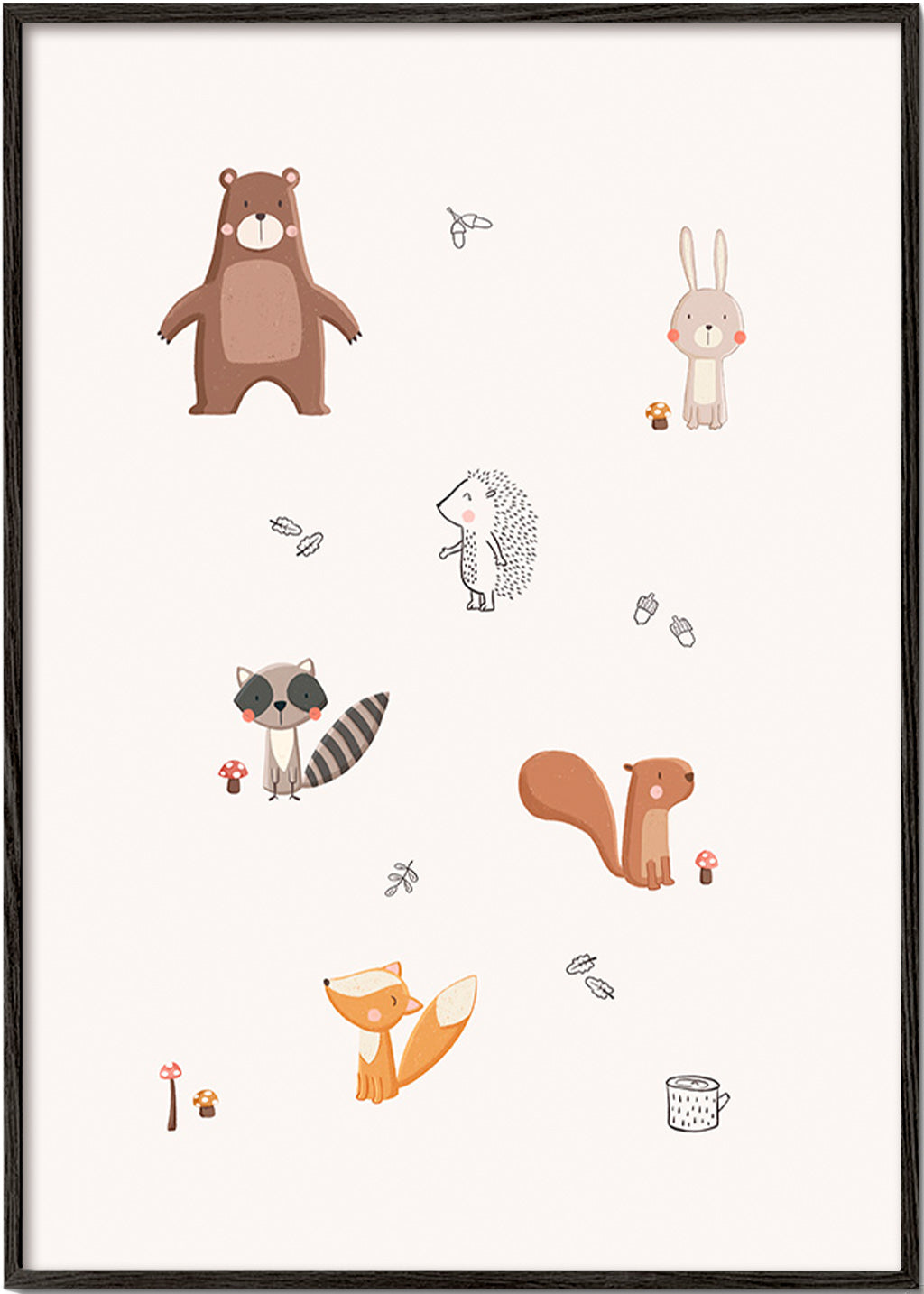 Lámina infantil con animales del bosque en tonos pastel – Black Frame