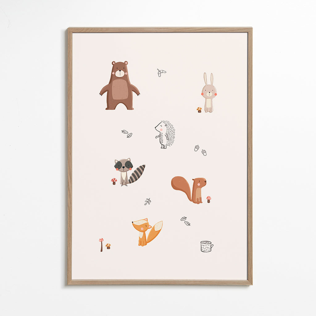 Lámina infantil con animales del bosque en tonos pastel – Oak Frame
