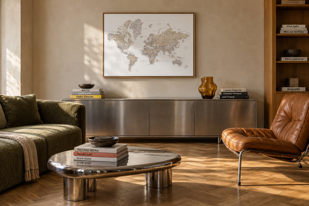 Detailed taupe watercolor world map with labels in Spanish, Abey - Framed canvas in an interior