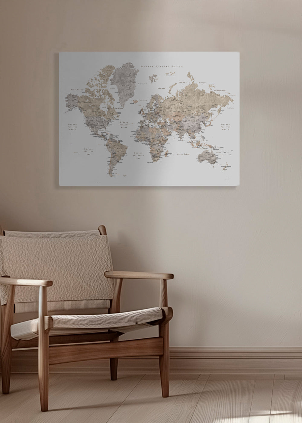 Detailed taupe watercolor world map with labels in Spanish, Abey