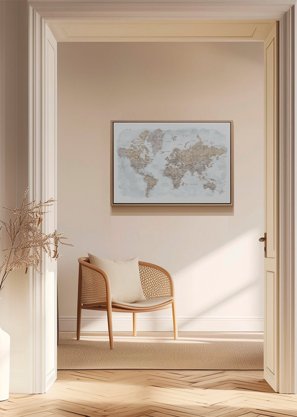 Detailed watercolor world map with labels in Spanish, Calista