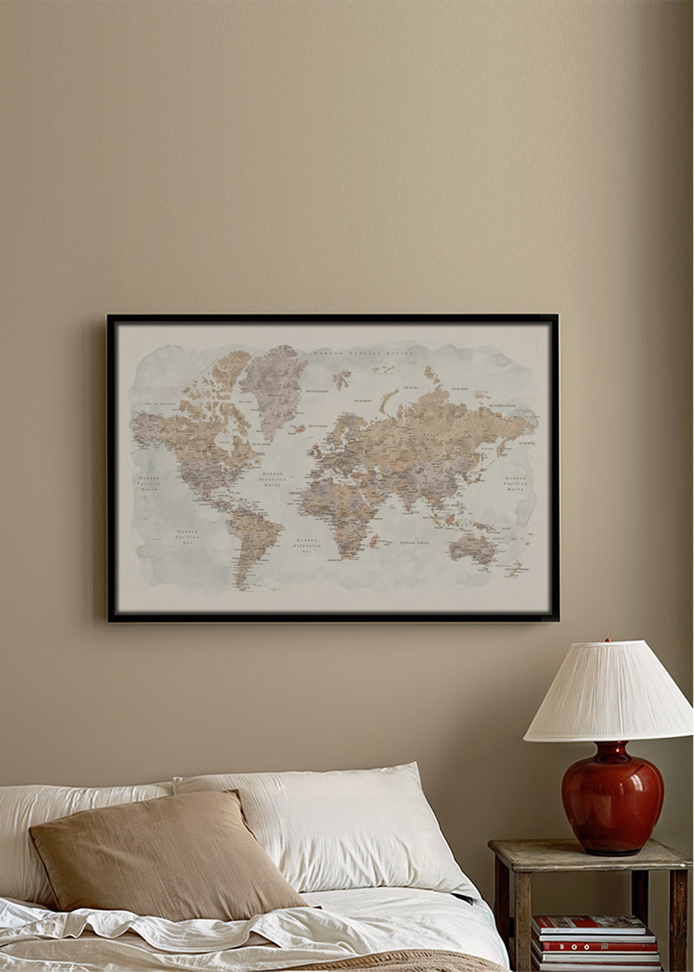 Detailed watercolor world map with labels in Spanish, Calista