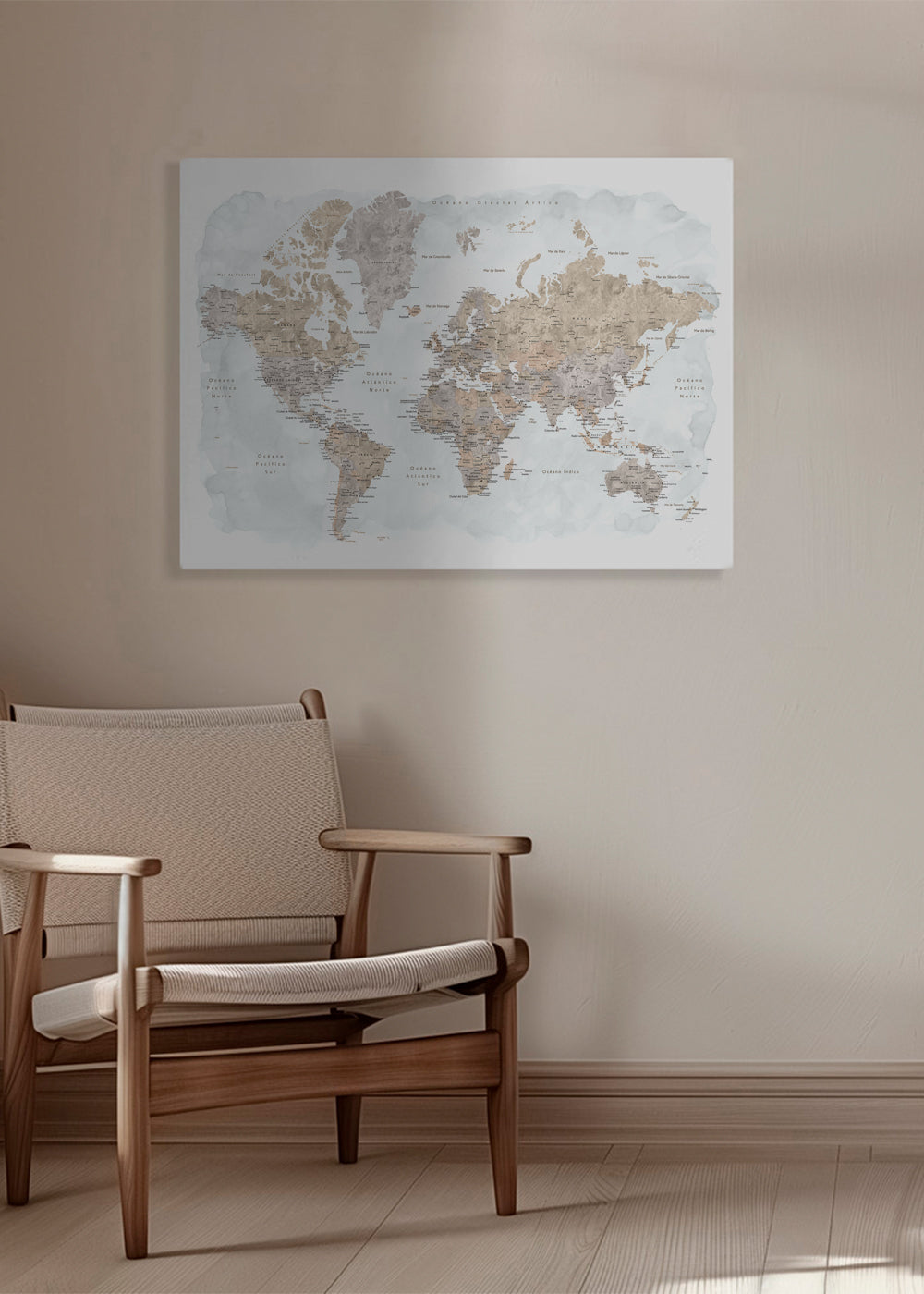 Detailed watercolor world map with labels in Spanish, Calista