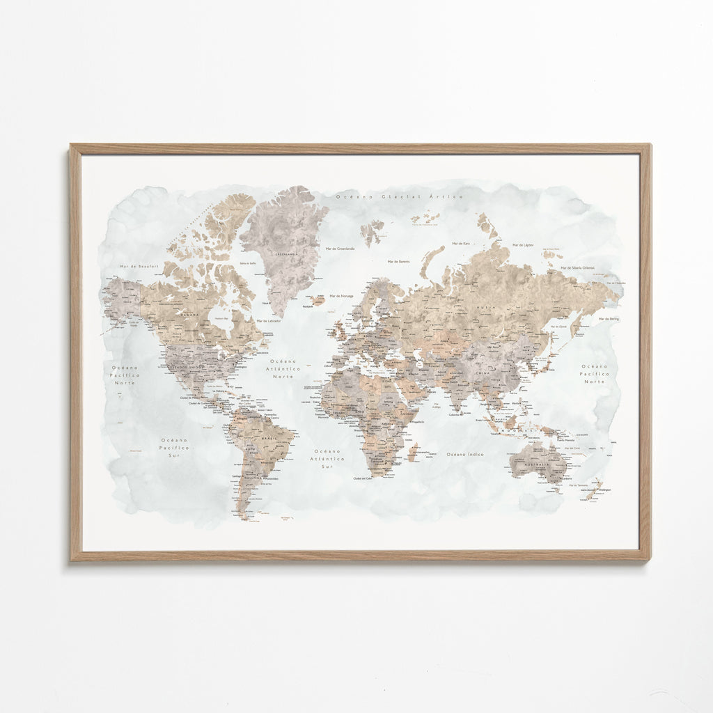 Detailed watercolor world map with labels in Spanish, Calista