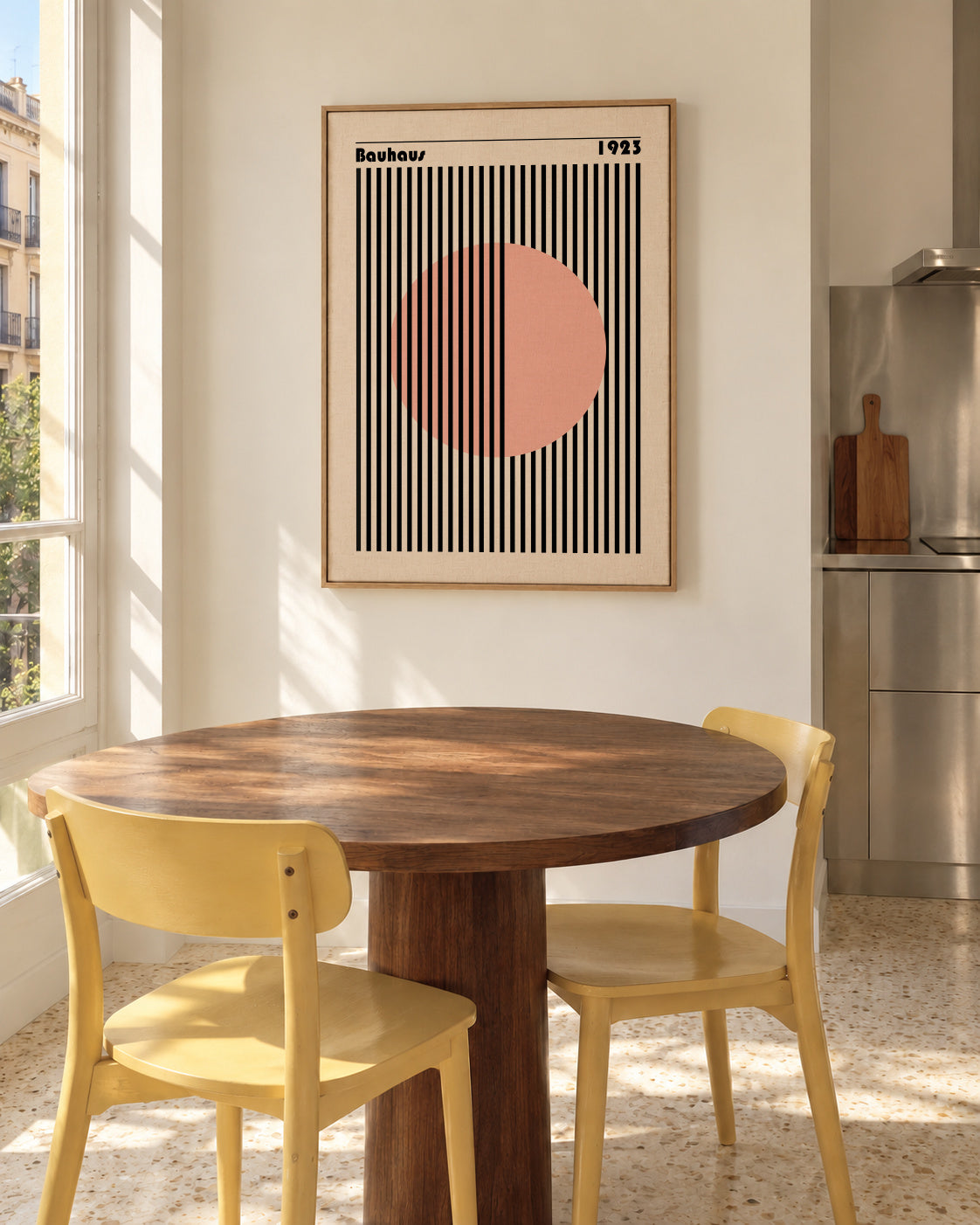 Bauhaus Pink Circle - Framed canvas in an interior
